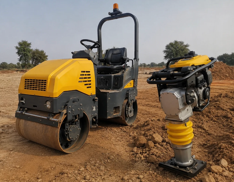 Mini road roller and tamping rammer on a construction site